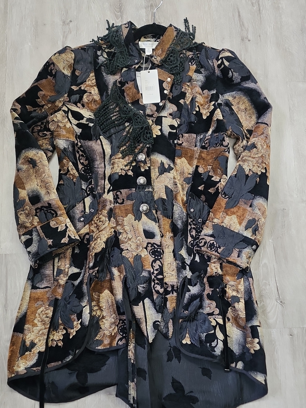 Women's Black and Brown Floral Patchwork Long Coat by (blank)